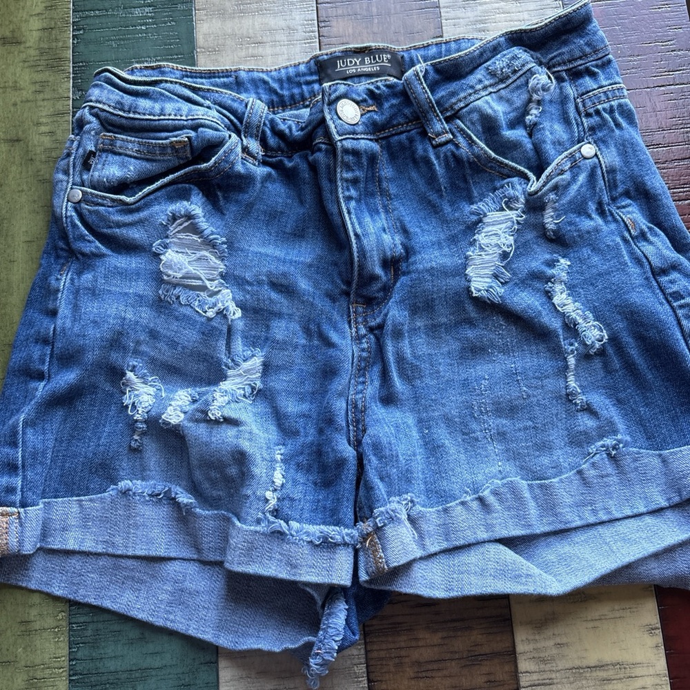 Judy Blue Distressed Roll-Cuff Denim Shorts - Blue
